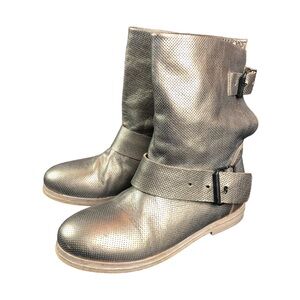 Elisa Nero Made In Italy Metallic Silver Perforated Leather Boots 36